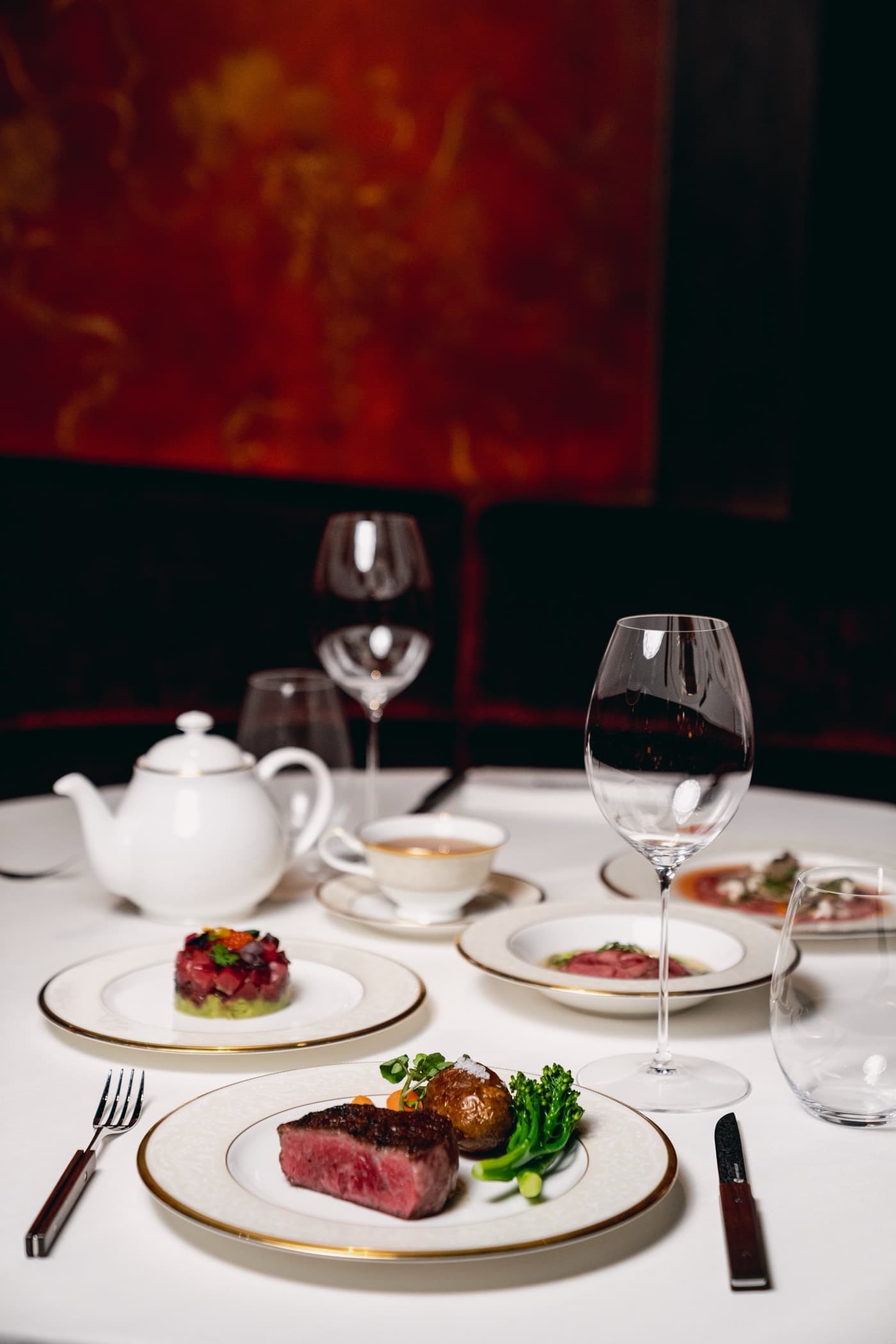 A table set for dinner at Aragawa, with Tajima Wagyu and wine